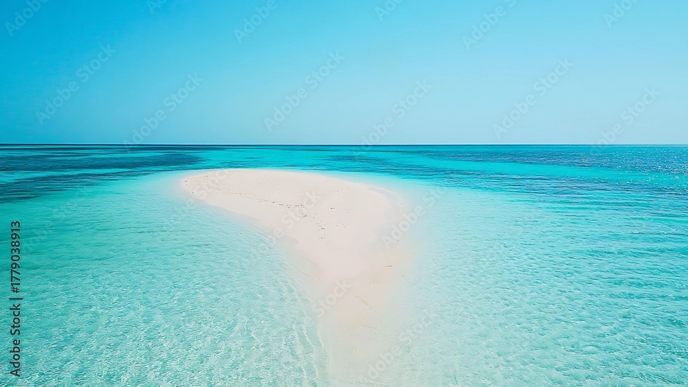 Obraz premium Aerial view of a secluded white sandbar surrounded by crystal-clear turquoise ocean water under a perfect blue sky.