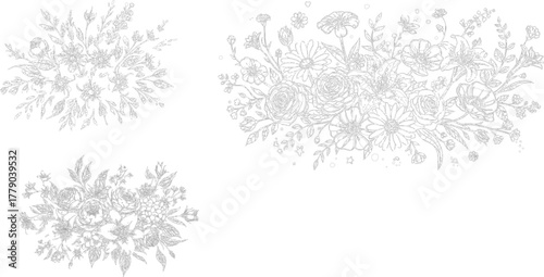 The image showcases three floral patterns rendered in a light grayish hue, set against a clean white background. This choice of color creates a soft and understated contrast, allowing 