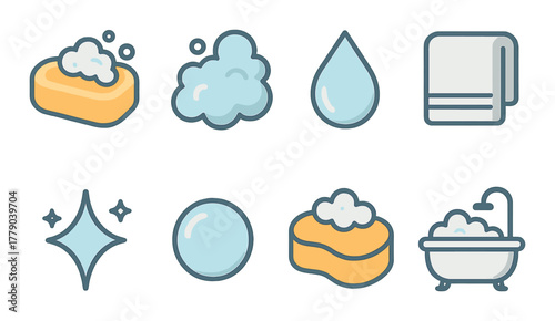 Bathroom essentials icons: soap, bubbles, water, towel, sparkle, sponge, bathtub