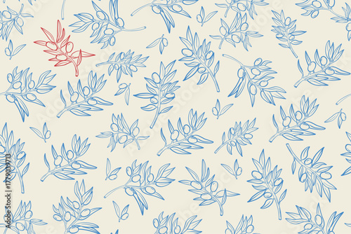 Hand drawn seamless pattern with olive branches and leaves in Greek line art style