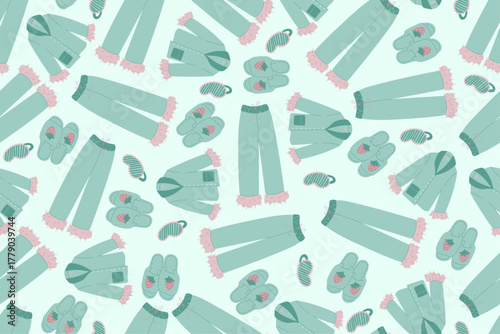 Mint green pajama seamless pattern with strawberry slippers and sleep masks for spa and wellness design