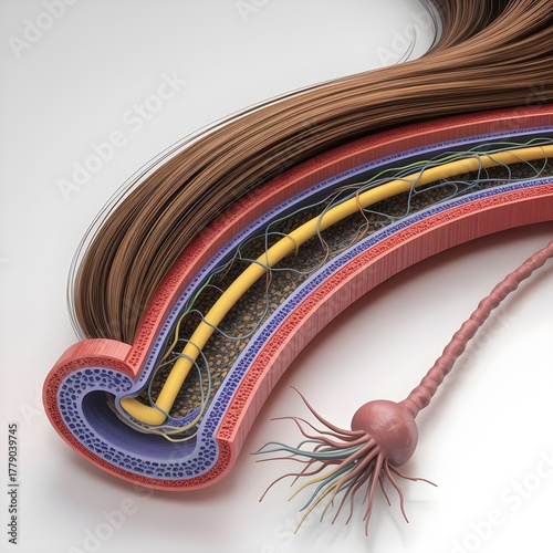 Cross-Section 3D Illustration of Human Hair Fiber with Keratin Layers