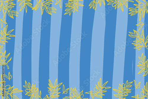 Hand drawn Mediterranean olive frame on blue striped background in Greek doodle style