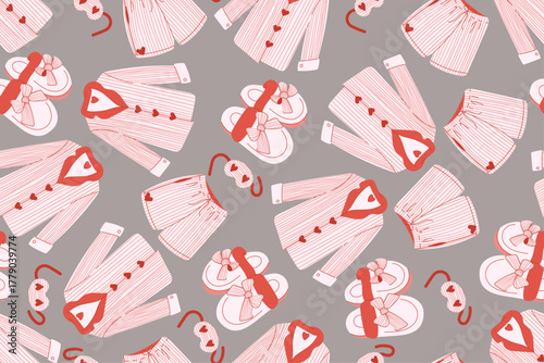 Romantic red pajama seamless pattern with hearts and cozy sleep accessories for Valentines Day