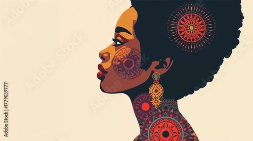 Abstract Vector Portrait of African Woman with Tribal Elements.