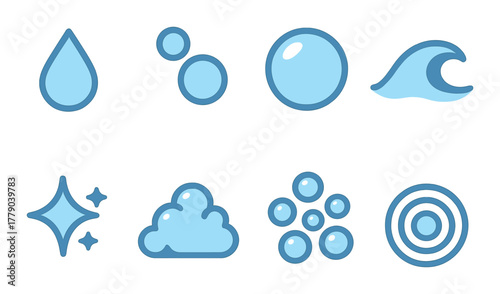 Glowing blue abstract icons: water droplet, bubbles, waves, stars, clouds, and patterns