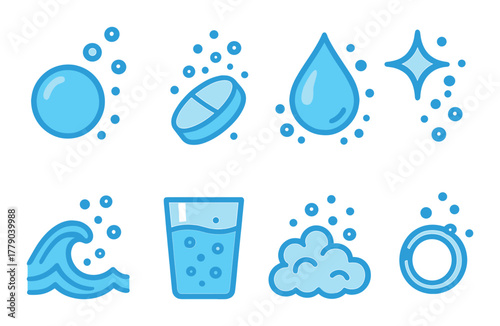 Glowing blue water-themed icons: bubble, drop, wave, cloud, sparkle