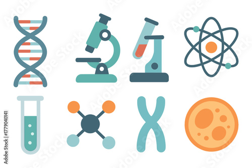 Scientific symbols: dna, microscope, test tube, atom, molecule, cell