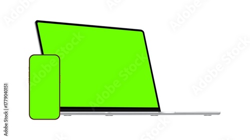 Animated laptop and smartphone mockup with green screen, isolated on white background. Devices for showing apps, web interfaces or promo presentations
