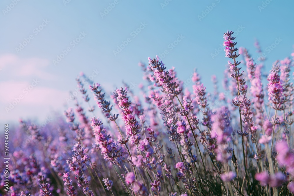 Obraz premium Lavender field blooms under a clear blue sky with shades of purple and pink, creating a serene and harmonious scene of a warm sunny day filled with freshness and beauty