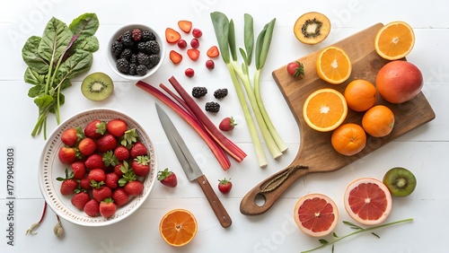 Fresh colorful fruits and berries arranged on white kitchen table with knife