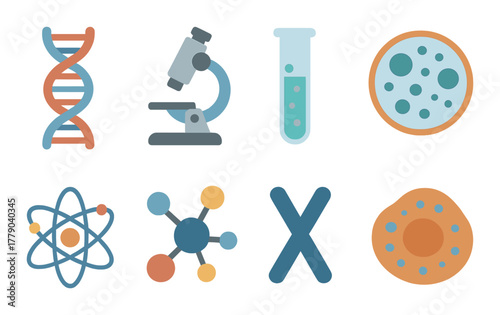 Science icons: dna, microscope, test tube, cells, atom, molecule, chromosome