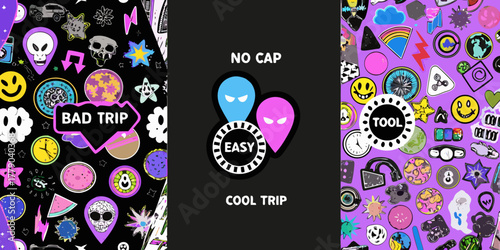 Abstract triptych with psychedelic stickers skull smiley faces planets and aliens