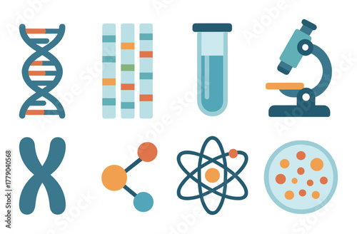 Genetic science and biotechnology icons featuring dna, microscope, and molecule