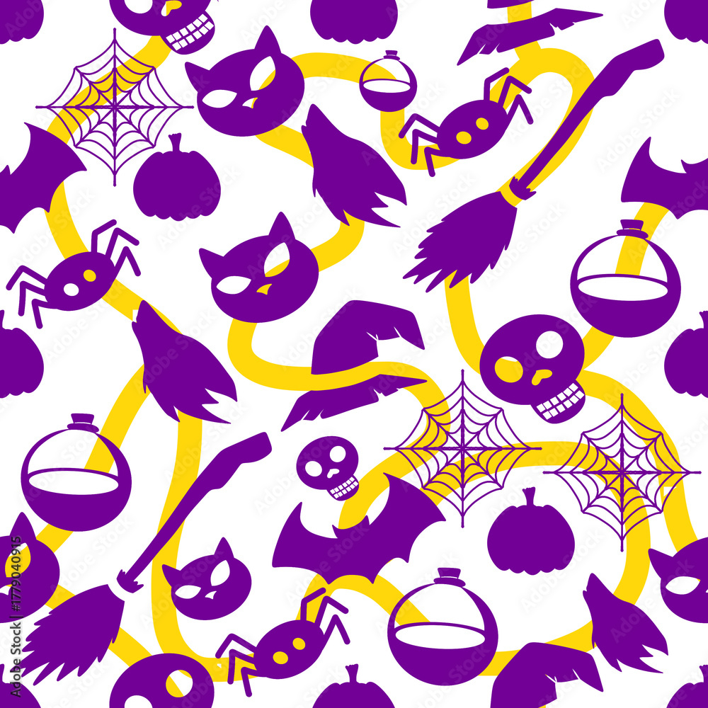 Fototapeta premium Cute and Spooky Halloween Pattern – Digital IllustrationDescription: A seamless Halloween pattern featuring bats, cats, skulls, pumpkins, and potions in purple and yellow colors.