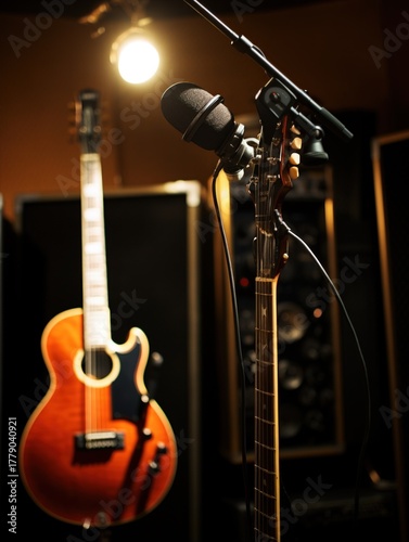 An electric guitar is displayed beside a microphone.