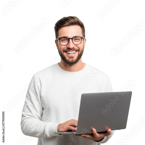 Smiling young man with glasses wearing a white sweater holding a laptop computer isolated on transparent background