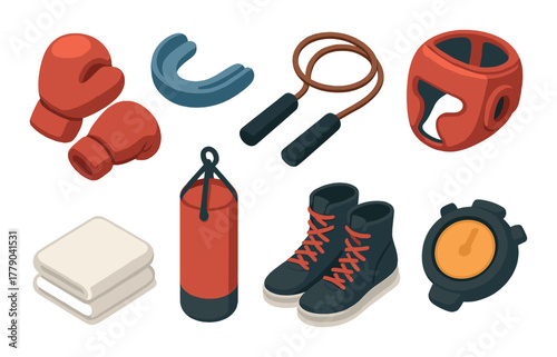 Boxing gear collection: gloves, mouthguard, jump rope, helmet, towel, punching bag, shoes, stopwatch