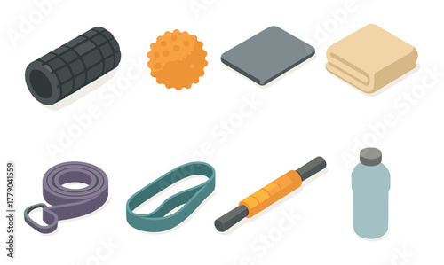 Essential workout accessories: foam roller, resistance bands, water bottle, massage ball, folding mat, exercise block, yoga strap