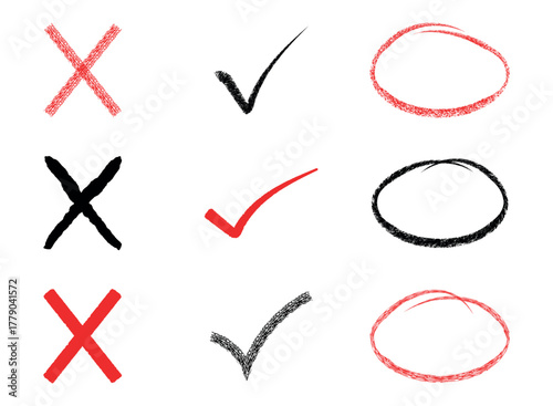 Hand drawn red x, black and red check marks, and circles set.