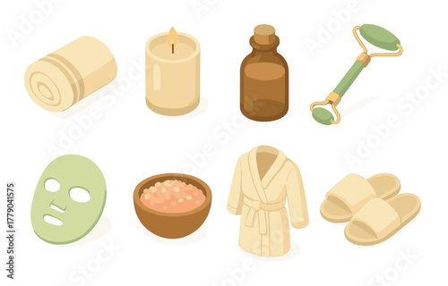 Relaxation essentials: aromatherapy, bath salts, candle, roller, mask, robe, slippers