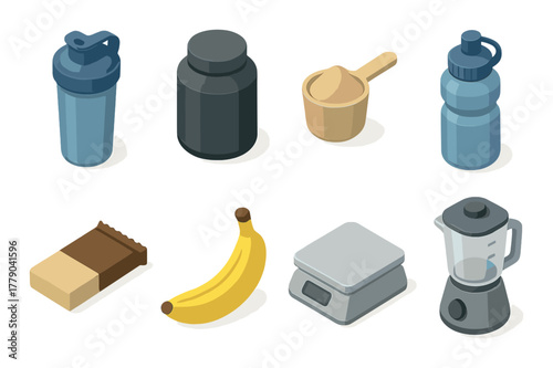 Fitness nutrition and hydration essentials: shaker bottles, protein, banana, blender, scales