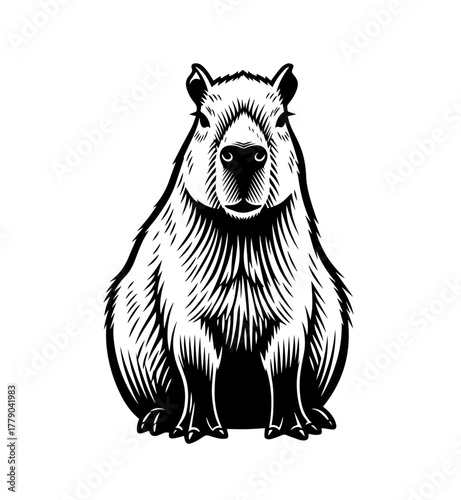 A striking black and white portrait of a capybara, created with a bold, graphic woodcut or linocut technique for a powerful, minimalist design