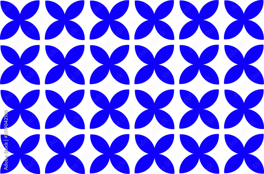 Fototapeta premium Seamless geometric pattern with bold blue floral motifs on a white background, creating a modern and minimal decorative tile design for fabric or wallpaper. 