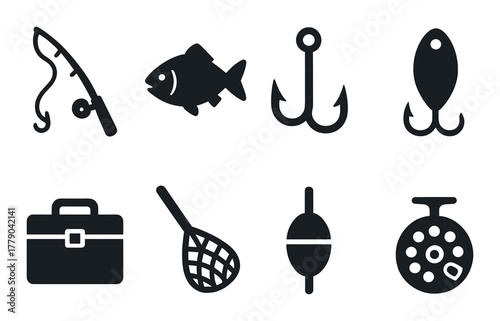 Silhouette set of fishing gear icons including rod, fish, hook, and tackle box