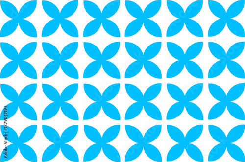 Seamless geometric pattern with bold blue floral motifs on a white background, creating a modern and minimal decorative tile design for fabric or wallpaper.
