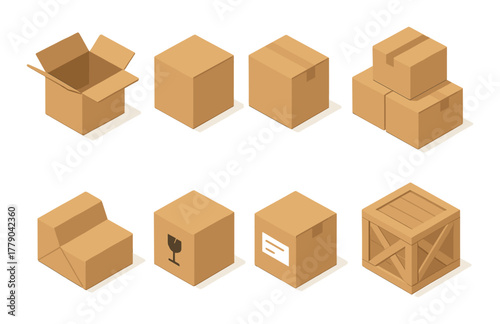 Various cardboard and wooden boxes on brown background