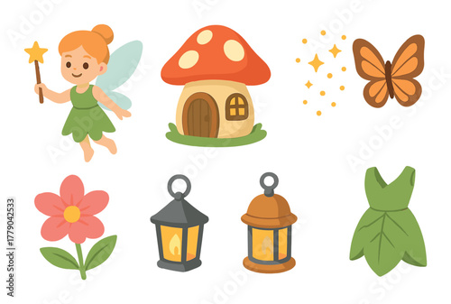 Whimsical fairy tale elements with cottage, fairy, and lanterns