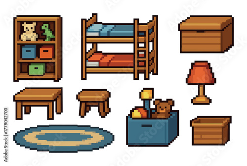 Pixel art children's room: furniture, toys, and decor in vibrant colors