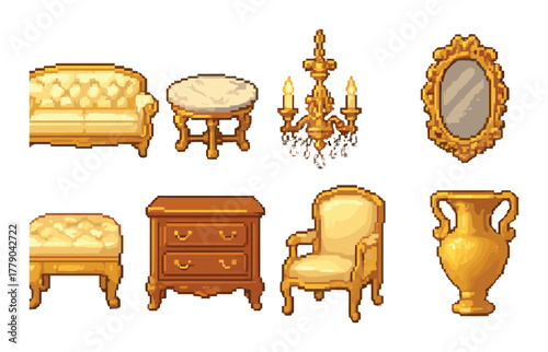 Retro pixel art collection featuring luxurious gold antique furniture pieces