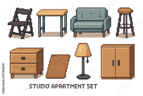 Pixel art furniture set for studio apartment with chairs, table, couch, lamp, cabinet