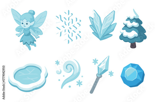 Enchanting ice-themed icons: fairy, snowflake, crystal, and frosty symbols