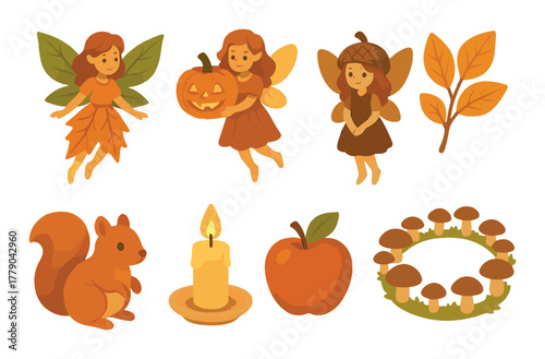 Autumn fairies and forest creatures with squirrel, pumpkin, leaf, candle, apple, mushrooms