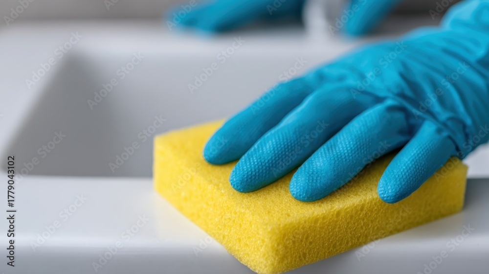 Fototapeta premium Cleaning action hands scrubbing lavatory sink with sponge hygiene and cleaning standards in domestic bathroom environment