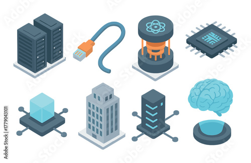 Futuristic technology icons: quantum computing, ai, networking, and architecture elements