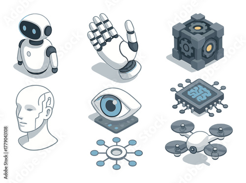 Futuristic robotics and ai icons featuring drones and circuit designs