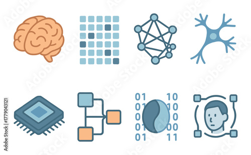 Futuristic technology icons: brain, neural network, artificial intelligence, circuit, biometrics