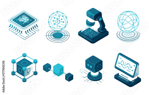 Futuristic isometric technology icons featuring ai, blockchain, and virtual reality themes