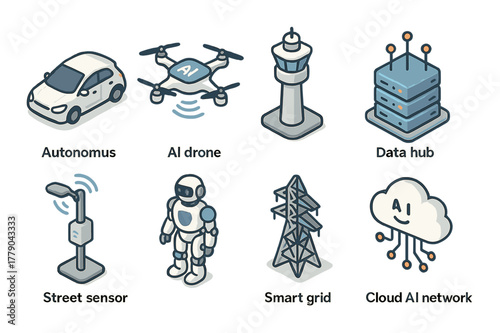 Innovative smart city technology icons featuring ai and robotics elements