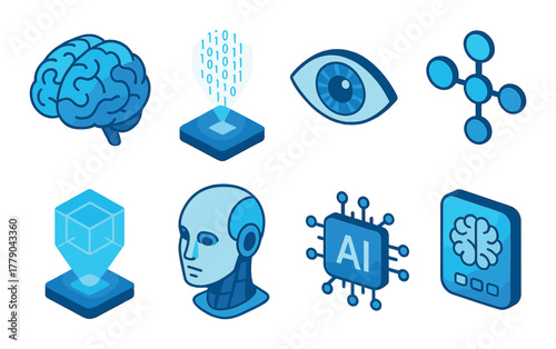 Futuristic technology icons: ai brain, cube, cyborg, eye, neural network, hologram