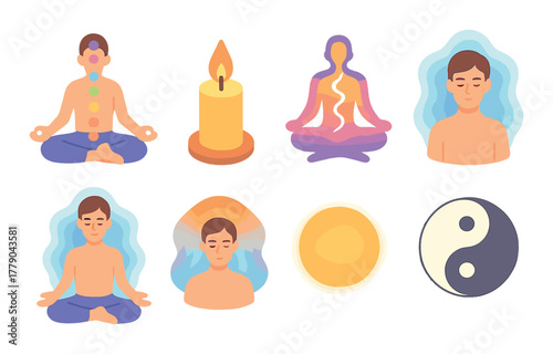 Meditation and spiritual symbols: male meditating figures, candle, chakras, yin yang