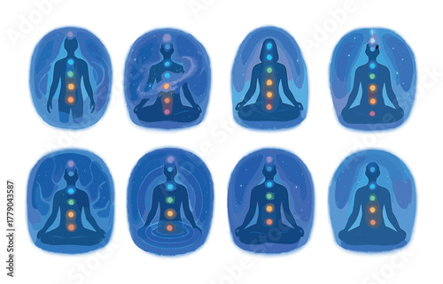 Meditative silhouettes with glowing chakras and aura energy