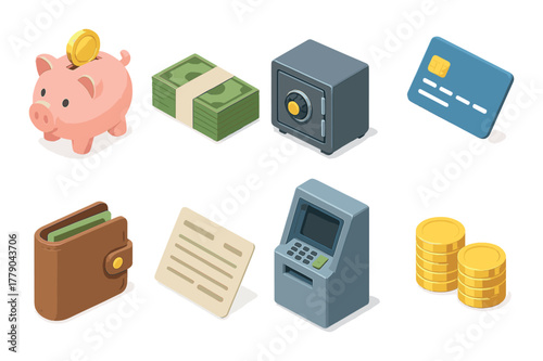 Finance essentials: wallet, piggy bank, cash, atm, coins, credit card, safe, document icons