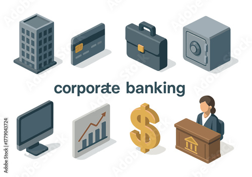 Isometric corporate banking elements: office, finance, technology icons and businesswoman