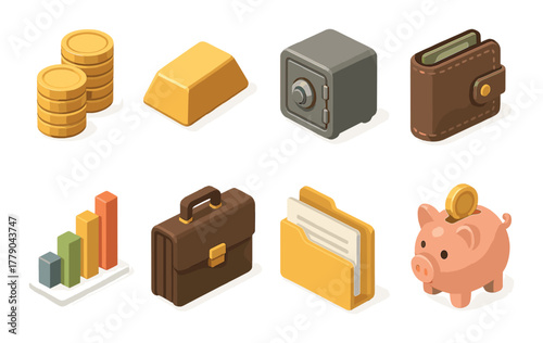 Isometric finance icons: coins, gold, safe, wallet, chart, briefcase, files, piggy bank