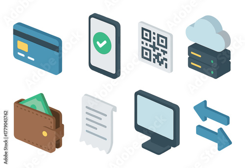 Digital payment and cloud technology icon set including qr code wallet and encryption